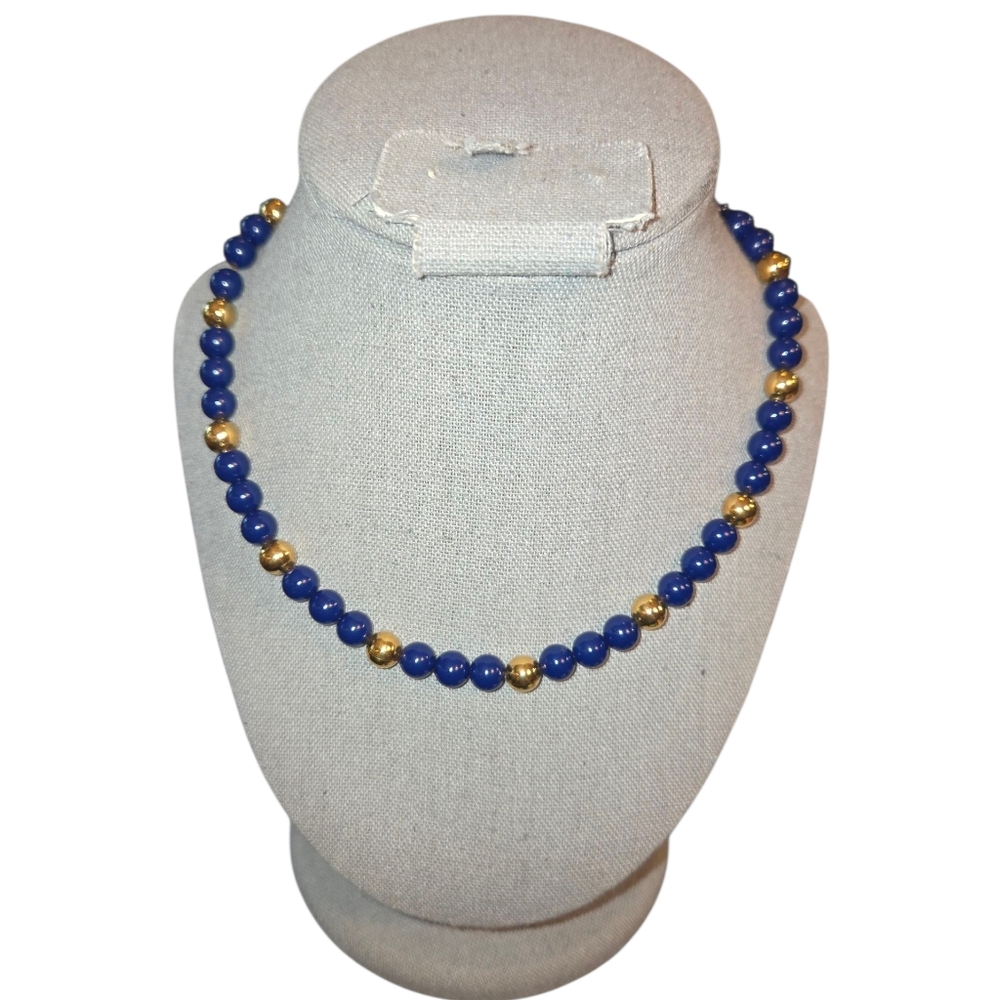 Napier Marked Vintage Navy & Gold Tone Beaded‎ Necklace 16" Long Repaired READ